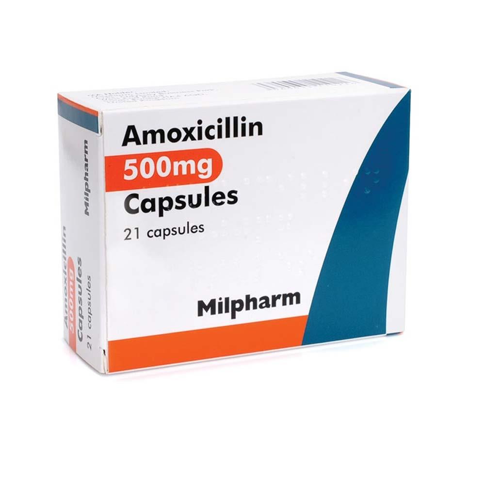 A box of Amoxicillin 500mg capsules by Milpharm with 21 capsules inside.