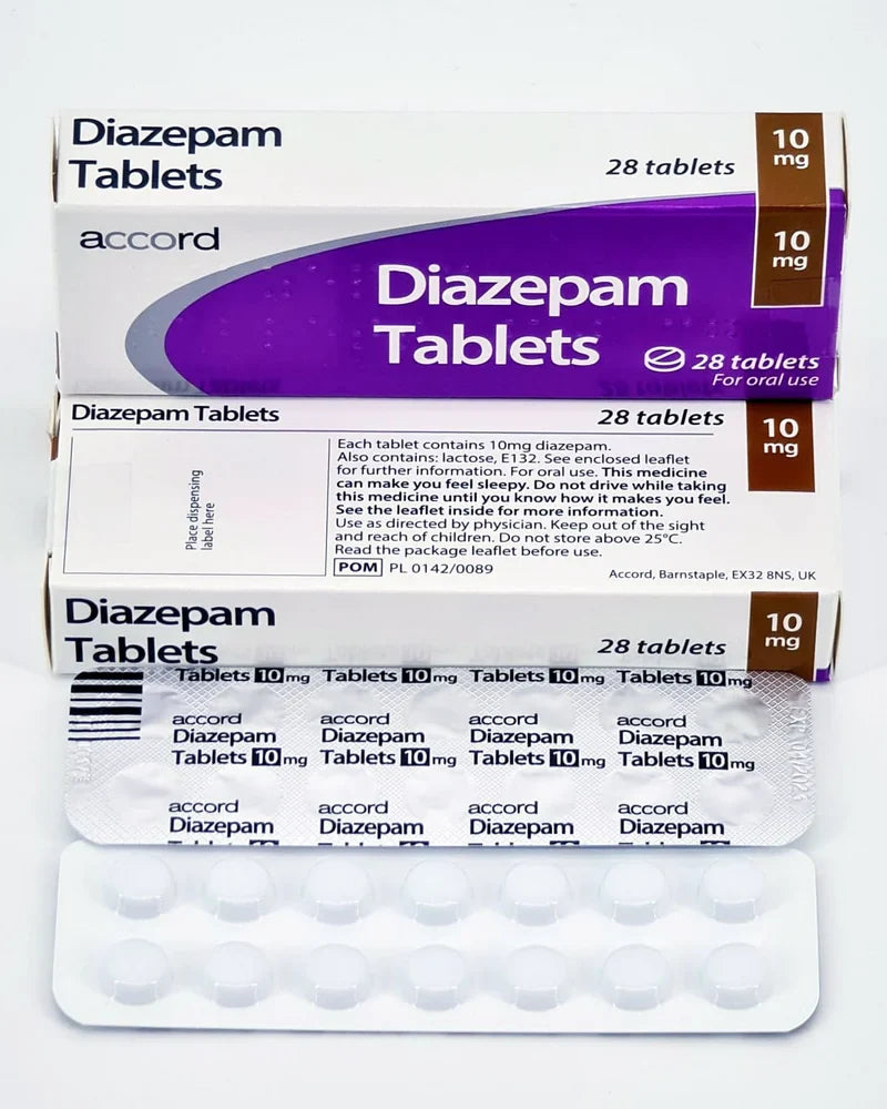 Packaging of Diazepam Tablets showing the box and blister pack with tablets inside.