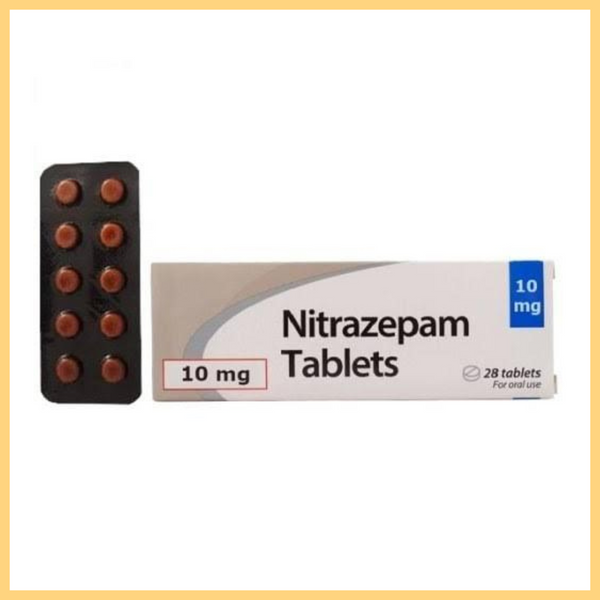 A package of Nitrazepam 10mg tablets with 28 tablets indicated for sedation and hypnotic purposes.