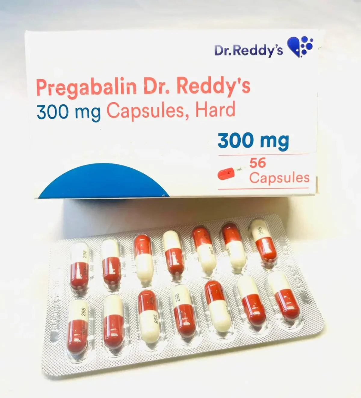 Packaging of Dr. Reddy's Pregabalin capsules with red and white capsules.