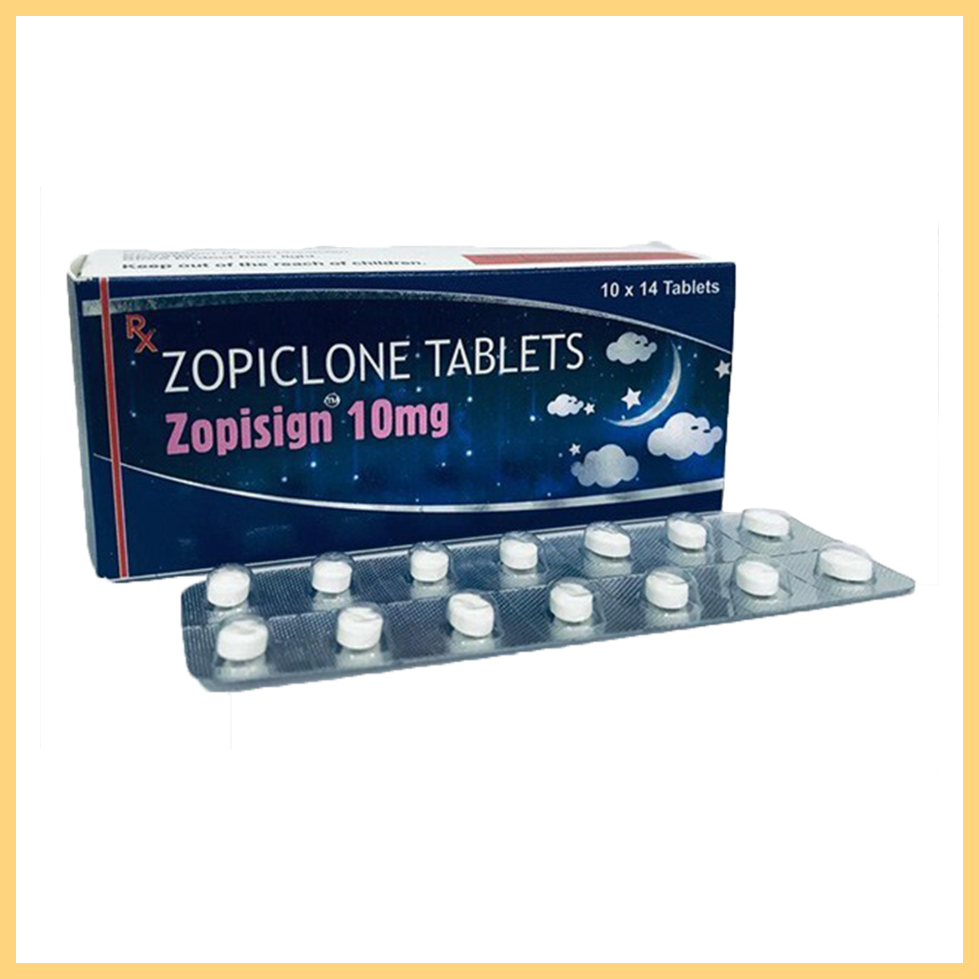 A box of Zopiclone 10mg tablets with multiple blisters displayed in front.
