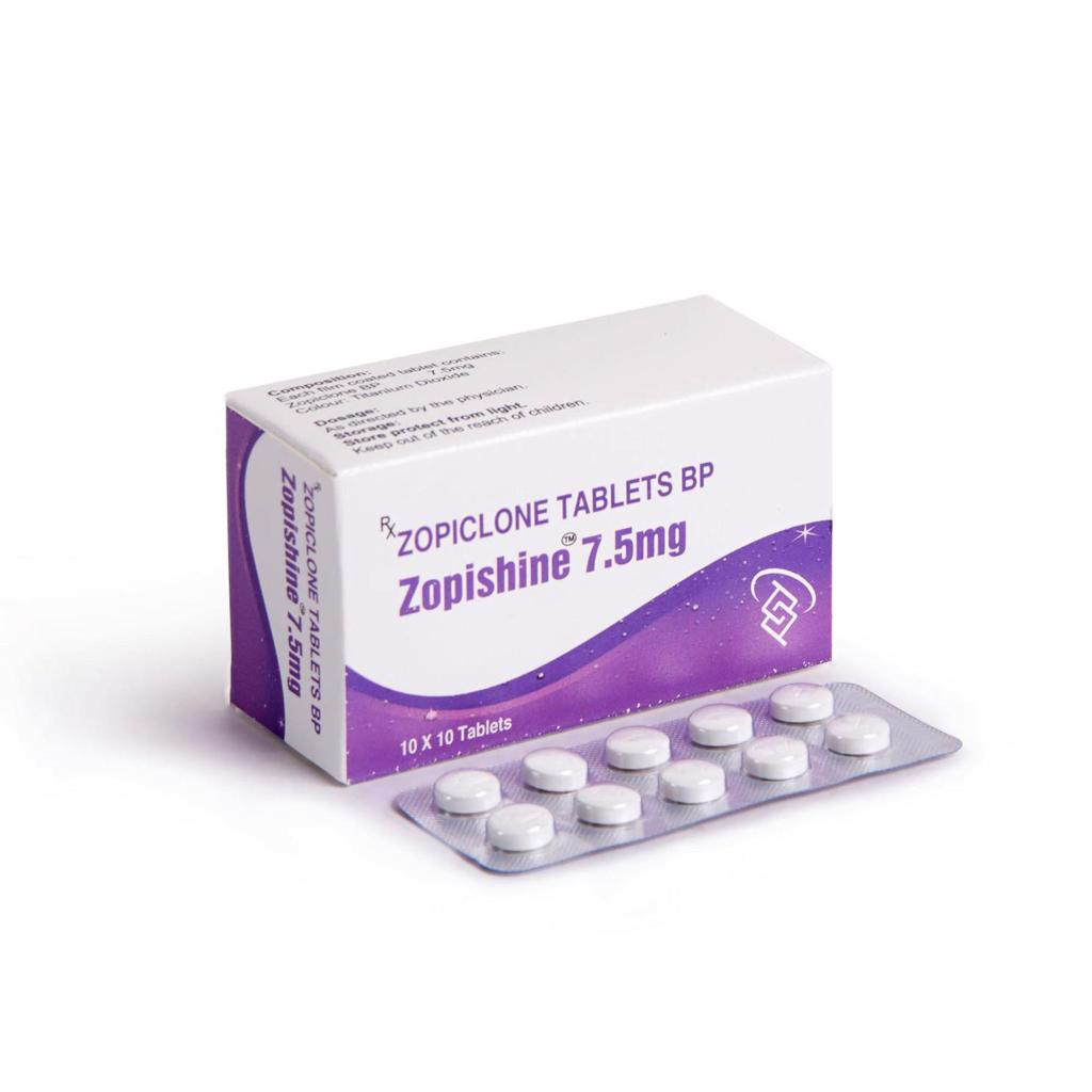 A box of Zopiclone 7.5mg tablets with the brand name Zopishine displayed on the box. The packaging contains 10 x 10 tablets.